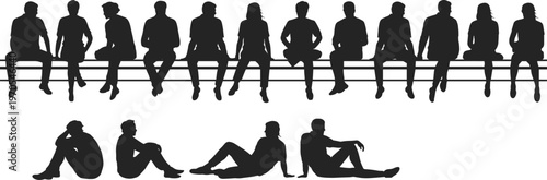 People silhouettes sitting on bench relaxed poses outdoor urban lifestyle flat vector