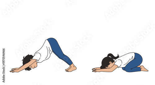 A woman performs yoga poses, transitioning from downward-facing dog to child's pose on a mat.