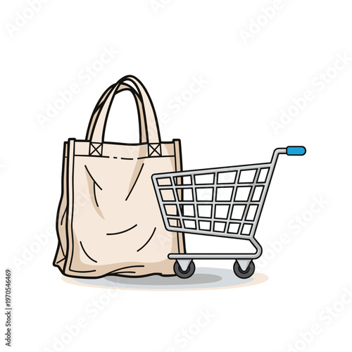 Shopping cart with canvas tote bag.