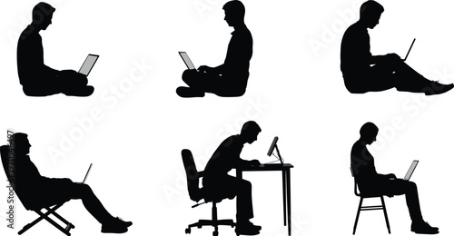 Man using laptop in various sitting postures silhouette set flat vector