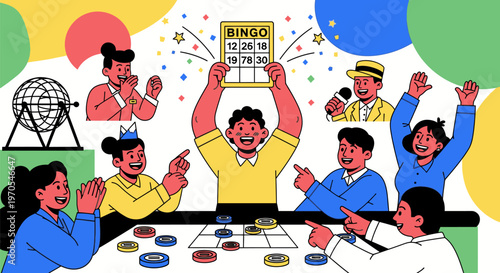 People play Bingo at a lively event with colorful decorations and a excited atmosphere