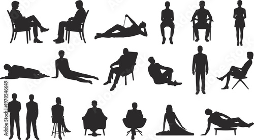 People silhouettes collection sitting standing lying relaxed poses indoor lifestyle flat vector