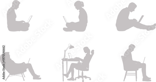 Flat vector laptop user silhouettes, sitting positions, ergonomic workspace illustration