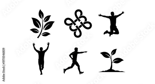 Black Silhouette Icons Set of Yoga and Fitness Poses