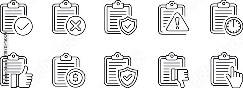 Checklist clipboard icon set with approval rejection security warning feedback finance time management minimal line art illustration collection