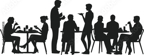 Restaurant cafe people silhouettes dining waiter serving food social interaction flat vector
