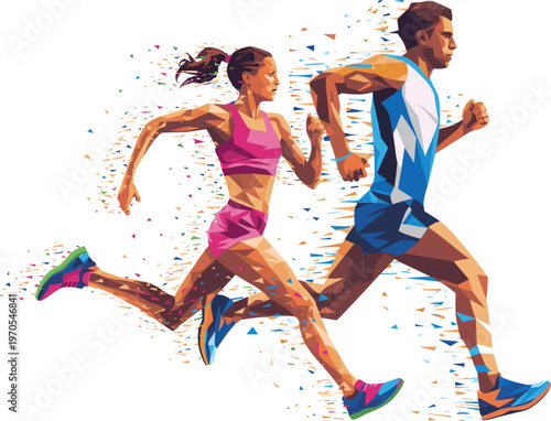 Flat vector polygonal runners illustration, dynamic sports athletes sprinting motion design