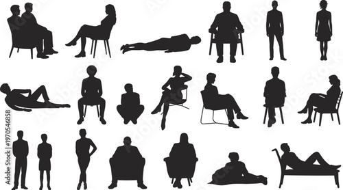 People silhouettes collection sitting standing lying various poses indoor lifestyle flat vector