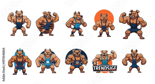 Collection of Muscular Cartoon Bear Characters Posing.