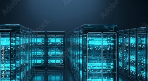 Rows of illuminated server computer racks.