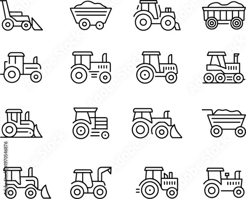 Construction tractor and loader icon set featuring farm machinery vehicles minimal line art illustration agriculture equipment collection design