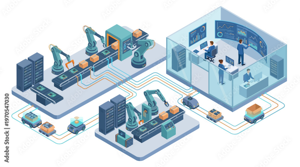 Fototapeta premium Isometric Smart Factory Industry 4.0 Automation with AI Control Room, Robotic Assembly Line and AGV Logistics
