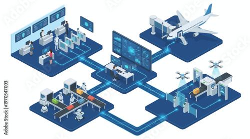 Isometric Smart Airport Technology System with Automated Check-in, Baggage Handling, Security Screening, and Drone Surveillance Connected to Digital Control Center