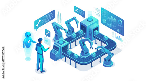 Isometric Smart Factory with AI Robot Assistant and Automated Manufacturing Conveyor System, Digital Industry 4.0 Technology Illustration