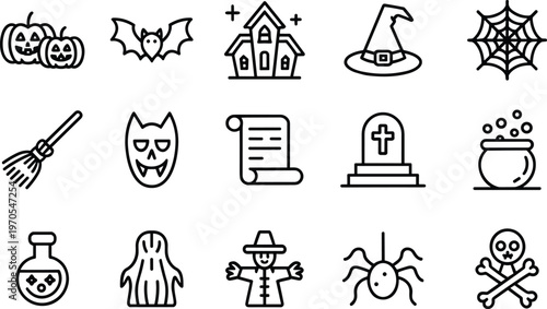 Halloween icon set featuring pumpkin bat haunted house witch hat spider web spooky symbols minimal line art illustration collection