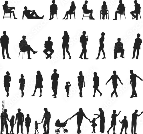 People silhouettes set walking standing sitting family activities various poses flat vector