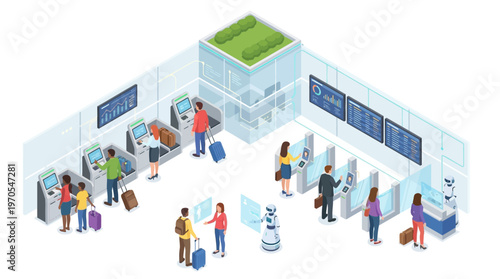 Isometric Smart Airport Terminal with Self-Service Check-In Kiosks, AI Robot Assistants, and Diverse Travelers Using Digital Technology for Contactless Flight Check-In