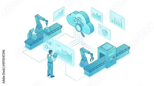 Isometric Smart Factory with Cloud Computing Analytics, Engineer Monitoring Automated Robotic Assembly Line, Industry 4.0 Digital Manufacturing Technology Concept