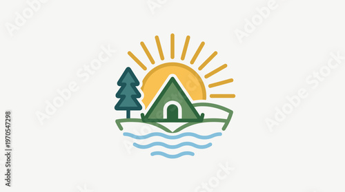 Camping Adventure Logo With Sun Tent and Trees