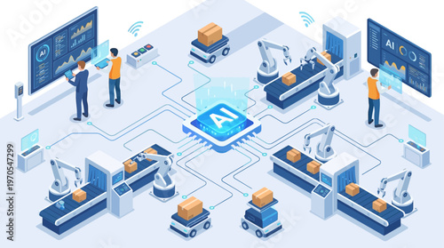 Isometric Smart Factory AI Automation Industry 4.0 Warehouse Robotic Conveyor System Digital Manufacturing Technology