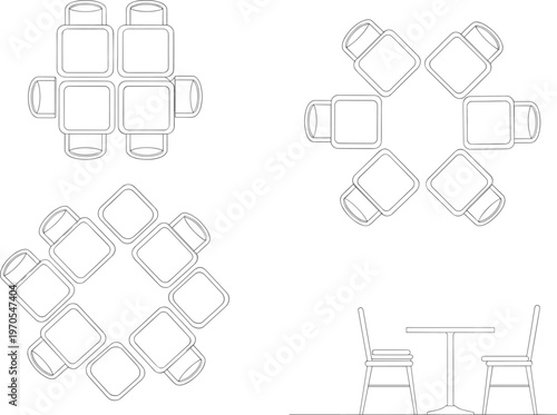 Table and chair layout collection, furniture arrangement schematic set, flat vector