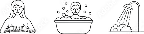 Personal hygiene routine icons showing woman self care bathing in tub and shower cleanliness concept minimal line art illustration set