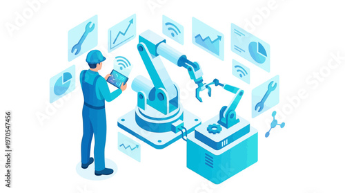 Isometric Engineer Controlling Industrial Robotic Arms with Digital Tablet in Smart Factory Automation System