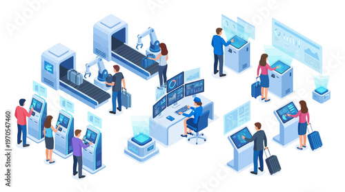Isometric Smart Airport Check-In Terminal with Automated Baggage Handling, Self-Service Kiosks, and Digital Security Screening Technology