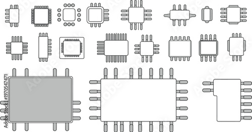 Integrated circuit chip package collection, electronic components outline set, flat vector