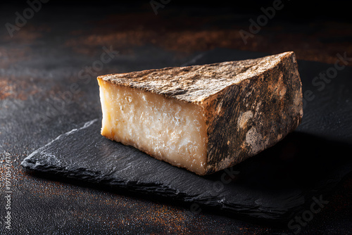 Cheese on black slate with textured surface in bright light