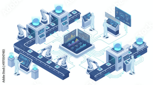 Isometric Smart Factory Industry 4.0 Automation with AI Data Analytics, Robotic Arms and Digital Manufacturing Workflow