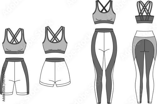 Activewear sports bra shorts leggings set flat sketch vector illustration