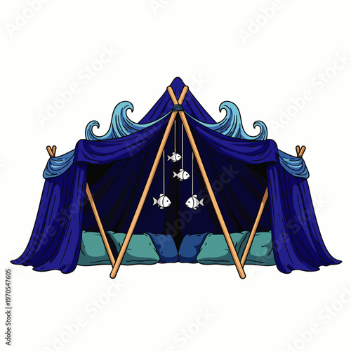 Whimsical blue canopy tent with fish decorations, pillows, and wave motifs, perfect for imaginative play or beachy decor.