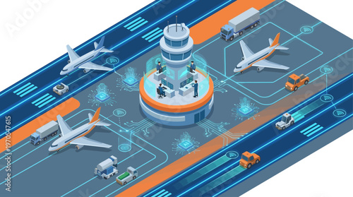 Isometric Smart Airport Control Tower with Digital Network Technology and Aviation Logistics Management