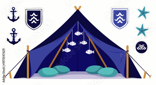 Nautical Themed Tent Interior with Marine Icons and Decorations, Perfect for Coastal Camping and Beach Adventures
