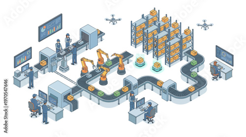 Isometric Smart Factory Automation with Robotic Arms Conveyor Belt Warehouse Drones and Workers Monitoring Digital Manufacturing Industry 4.0 Technology