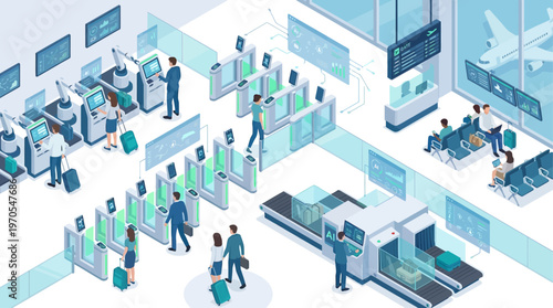 Isometric Smart Airport Terminal with Biometric Check-In, Self-Service Kiosks, AI Baggage Screening and Business Travelers Using Contactless Technology
