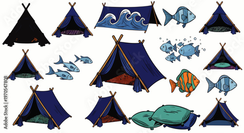 Collection of stylized tents and fish illustrations, perfect for children's books, camping themes, and summer designs