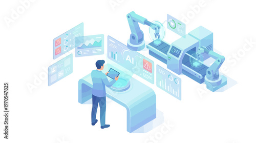 Isometric Smart Factory Engineer Controlling AI-Powered Manufacturing Automation with Digital Tablet and Data Dashboard Visualization