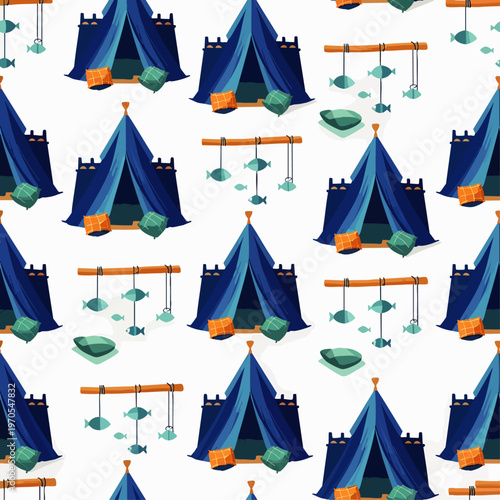 Seamless pattern of cartoon blue tents with pillows and fish mobiles, perfect for camping and outdoor adventure themes