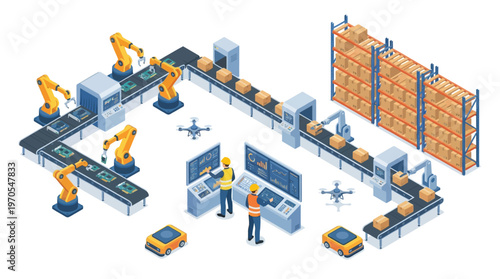 Isometric Smart Factory Automation with Robotic Arms Assembly Line Warehouse Management and Digital Manufacturing Technology