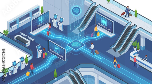 Smart Airport Terminal with AI Technology and Automated Check-In, Isometric Business Travel Illustration with Digital Brain Network and Passengers