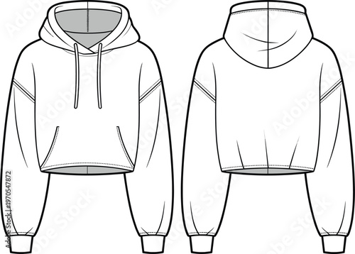 Cropped hoodie flat sketch front back view fashion design vector illustration