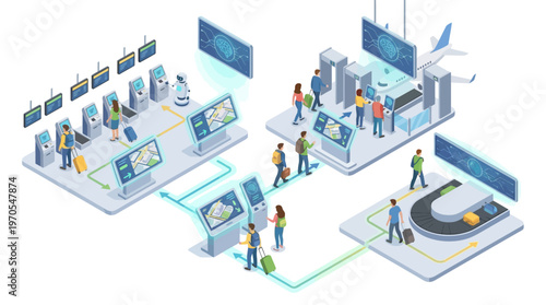 Isometric Smart Airport Terminal with Self-Service Check-in Kiosks, Biometric Security Gates, and Automated Baggage Handling System, Modern Air Travel Technology