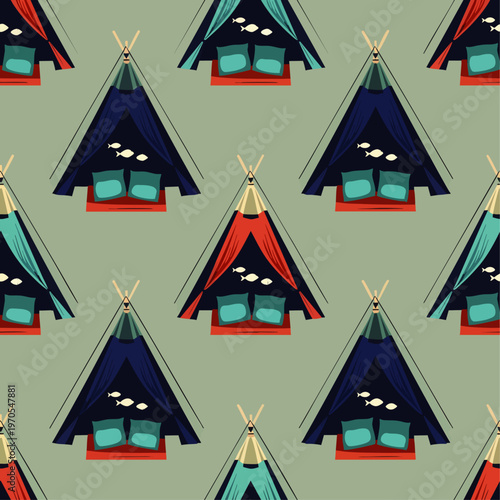 Seamless pattern of colorful teepee tents with beds and fish motifs on a muted green background