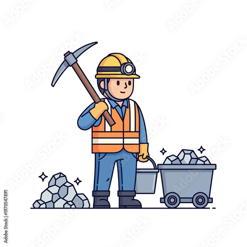 Professional cartoon miner standing with pickaxe, bucket, and full coal cart