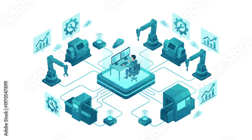 Isometric Smart Factory Engineer Controlling Automated Manufacturing System with IoT Robotics and Industrial Technology