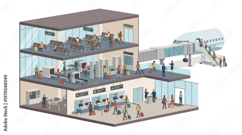 Fototapeta premium Isometric Airport Terminal Cross-Section with Passengers, Security Check-in, Waiting Lounge, and Airplane Boarding Gate