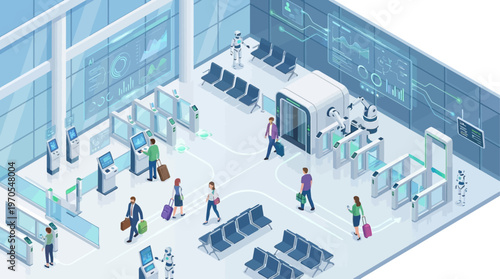 Futuristic Isometric Smart Airport Terminal with AI Robots, Self-Service Kiosks, and Digital Technology Integration