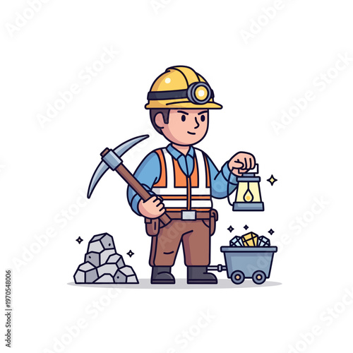 Miner character with lantern and pickaxe standing by a cart of gems